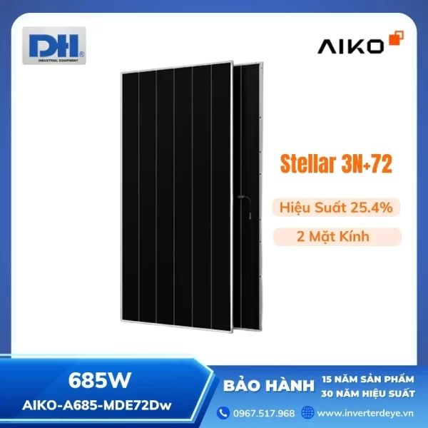 Pin Mặt Trời 685W Aiko 2 Mặt Kính Hiệu Suất 25.4% Stellar 3N+72